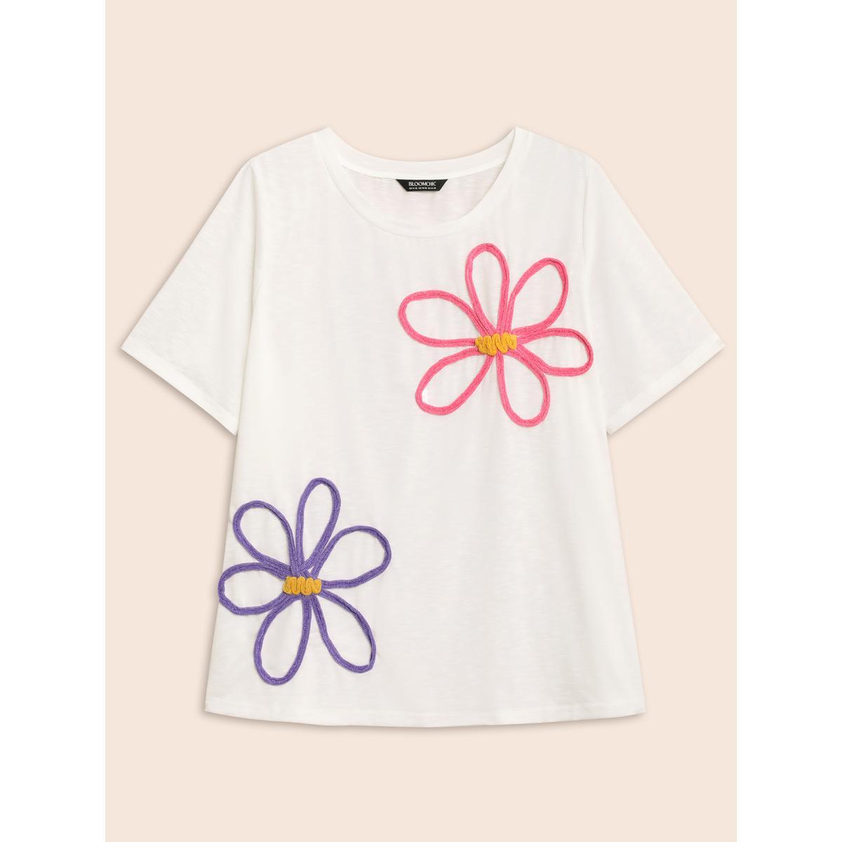 Plus Size Bamboo Textured Floral Embroided T-shirt Originalwhite Women Casual Contrast Natural Flowers Round Neck Everyday T-shirts BloomChic 26/4X Product Image