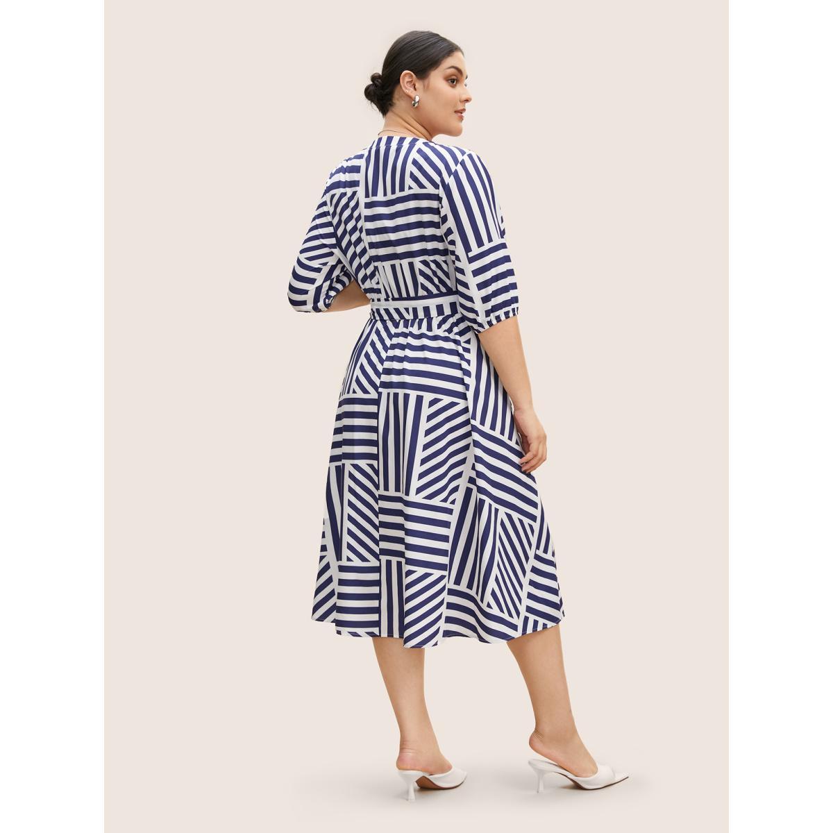 Plus Size Striped Notched Collar Belted Midi Dress DarkBlue Women At the Office Belted Notched collar Half Sleeve Curvy BloomChic 30/6X Product Image