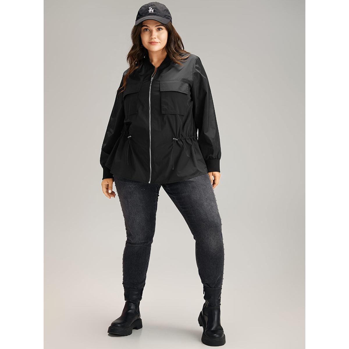 Plus Size Wind-Resistant Zipper Fly Drawstring Jacket Women Black Plain Pocket Dailywear Jackets BloomChic 28/5X Product Image