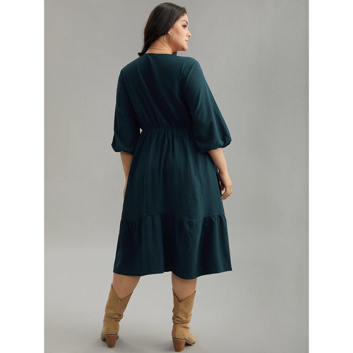 Plus Size Plain Textured Button Detail Pocket Dress DarkGreen Women Vacation Elastic cuffs Round Neck Elbow-length sleeve Curvy Midi Dress BloomChic 12/L Product Image