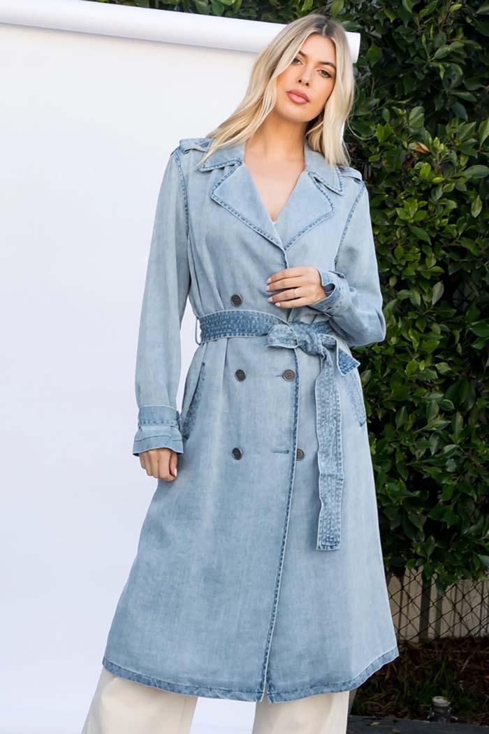 Denim Garment Washed Trench Coat Product Image