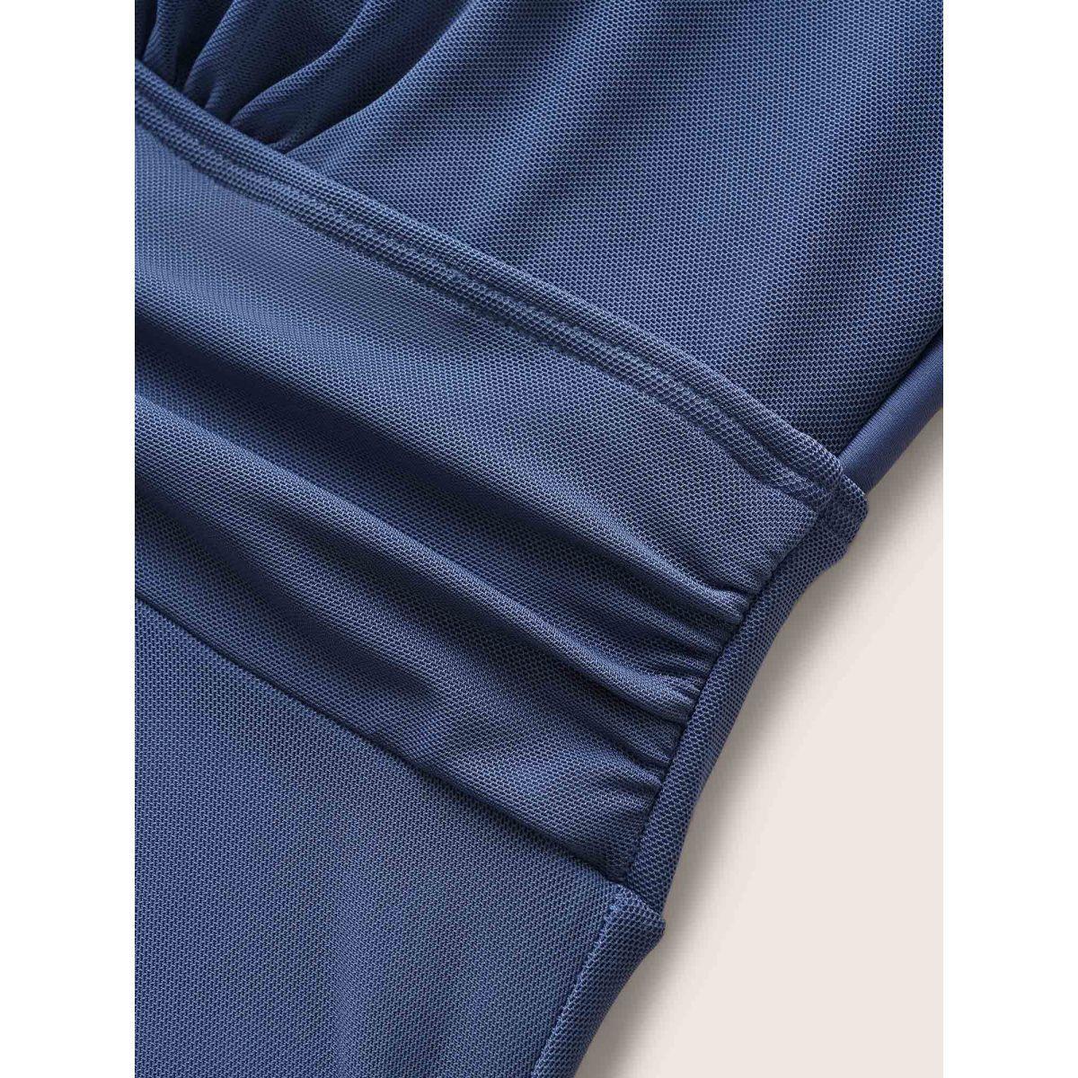Plus Size See Through Patchwork Gathered Swim Dress Women's Swimwear Indigo Beach Bodycon Round Neck High stretch Curve Swim Dresses BloomChic 26/4X Product Image