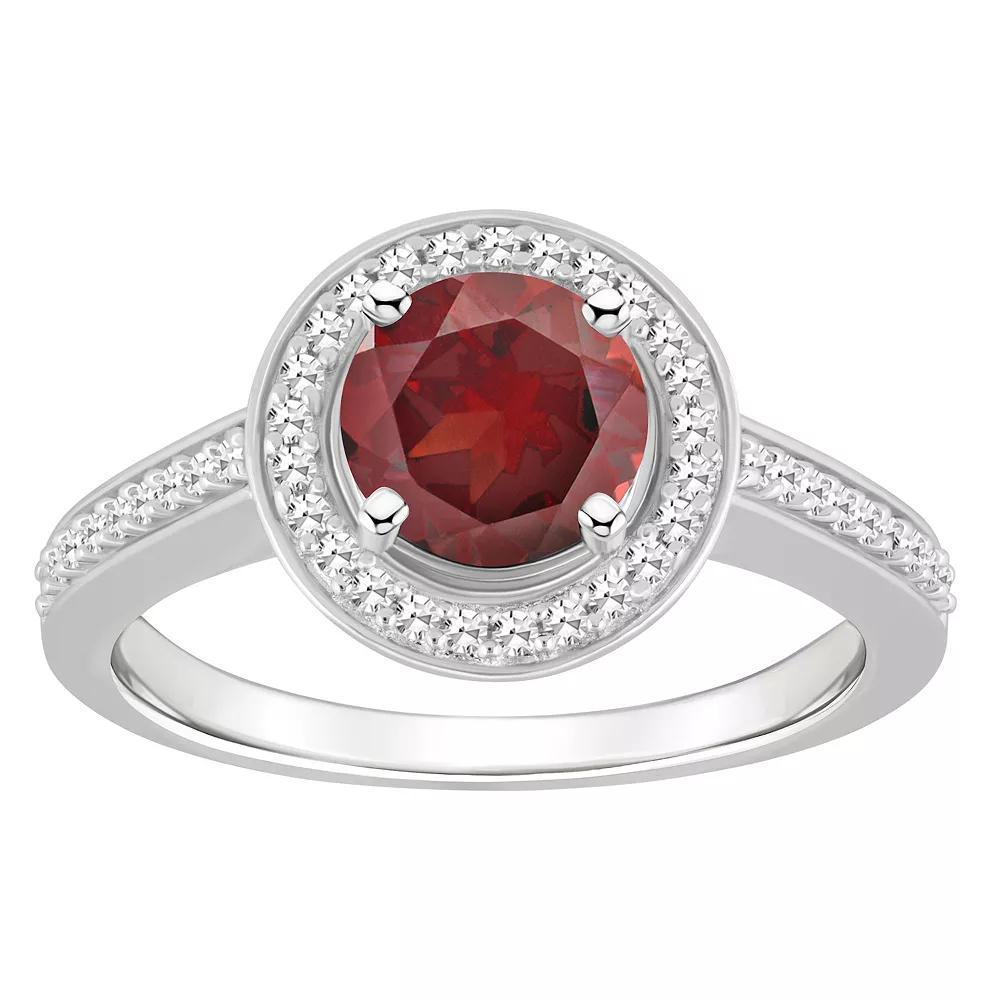Celebration Gems Sterling Silver 7 mm Round Gemstone & 1/5 Carat T.W. Diamond Halo Ring, Women's, Size: 8, Red Product Image