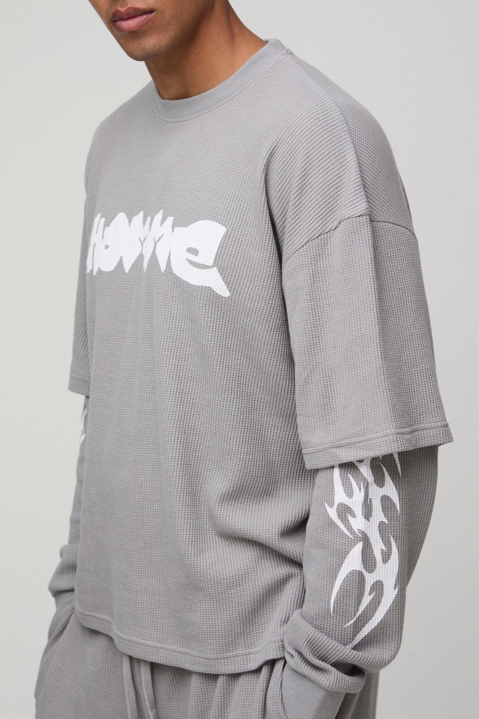 Oversized Boxy Faux Layer Waffle T-Shirt & Jort Set | boohooMAN USA Product Image