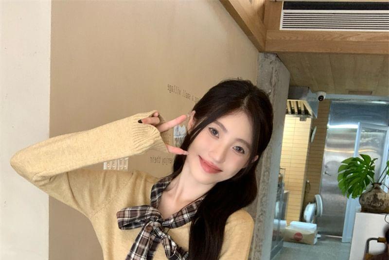 Mock Two-Piece Long-Sleeve Tie-Neck Plaid Panel Button Knit Top / Mid Waist Wide Leg Pants Product Image