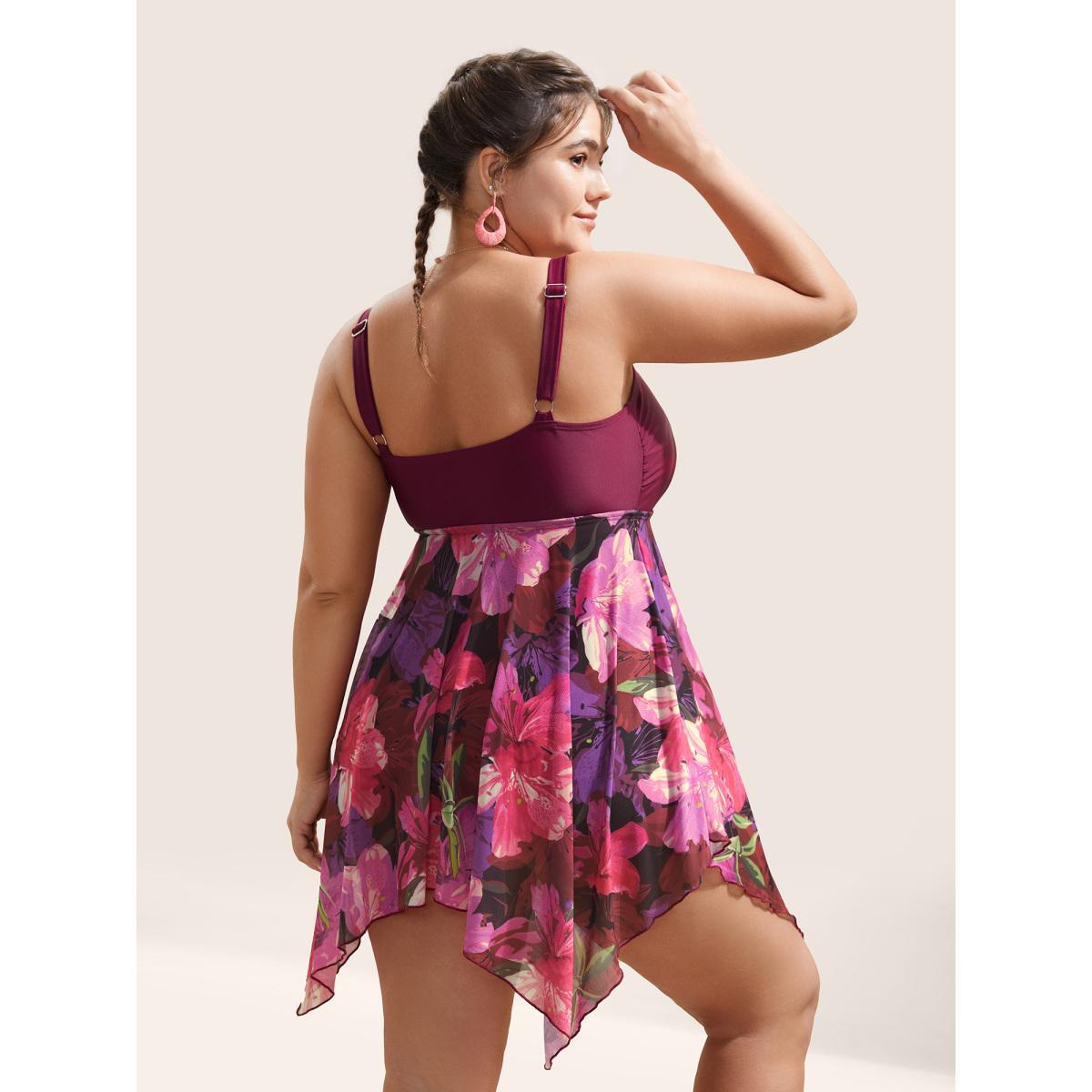 Plus Size Floral Patchwork Tummy Control Ruched Swim Dress Women's Swimwear RedViolet Beach Bodycon Heart neckline High stretch Curve Swim Dresses BloomChic 14-16/1X Product Image