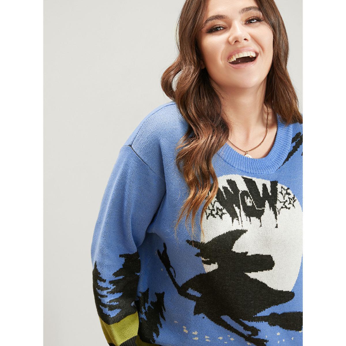 Plus Size Halloween Contrast Pointelle Knit Jacquard Knit Top LightBlue Women Casual Long Sleeve Round Neck Dailywear Pullovers BloomChic 30/6X Product Image