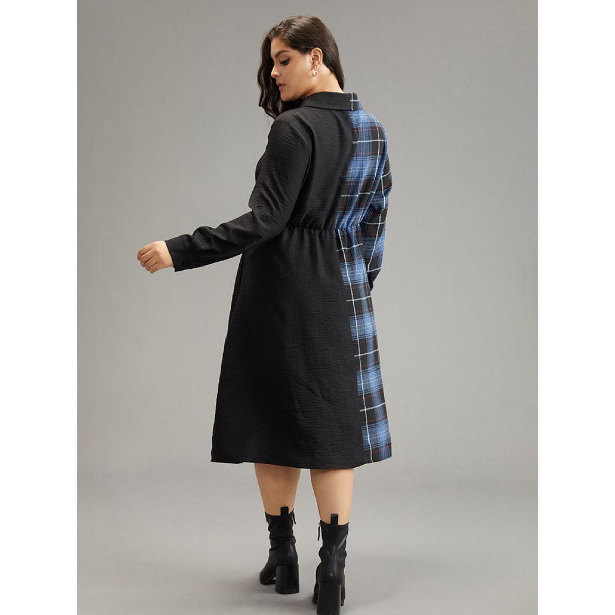 Plus Size Plaid Patchwork Button Through Pocket Dress Multicolor Women Office Contrast Shirt collar Long Sleeve Curvy Midi Dress BloomChic 28/5X Product Image
