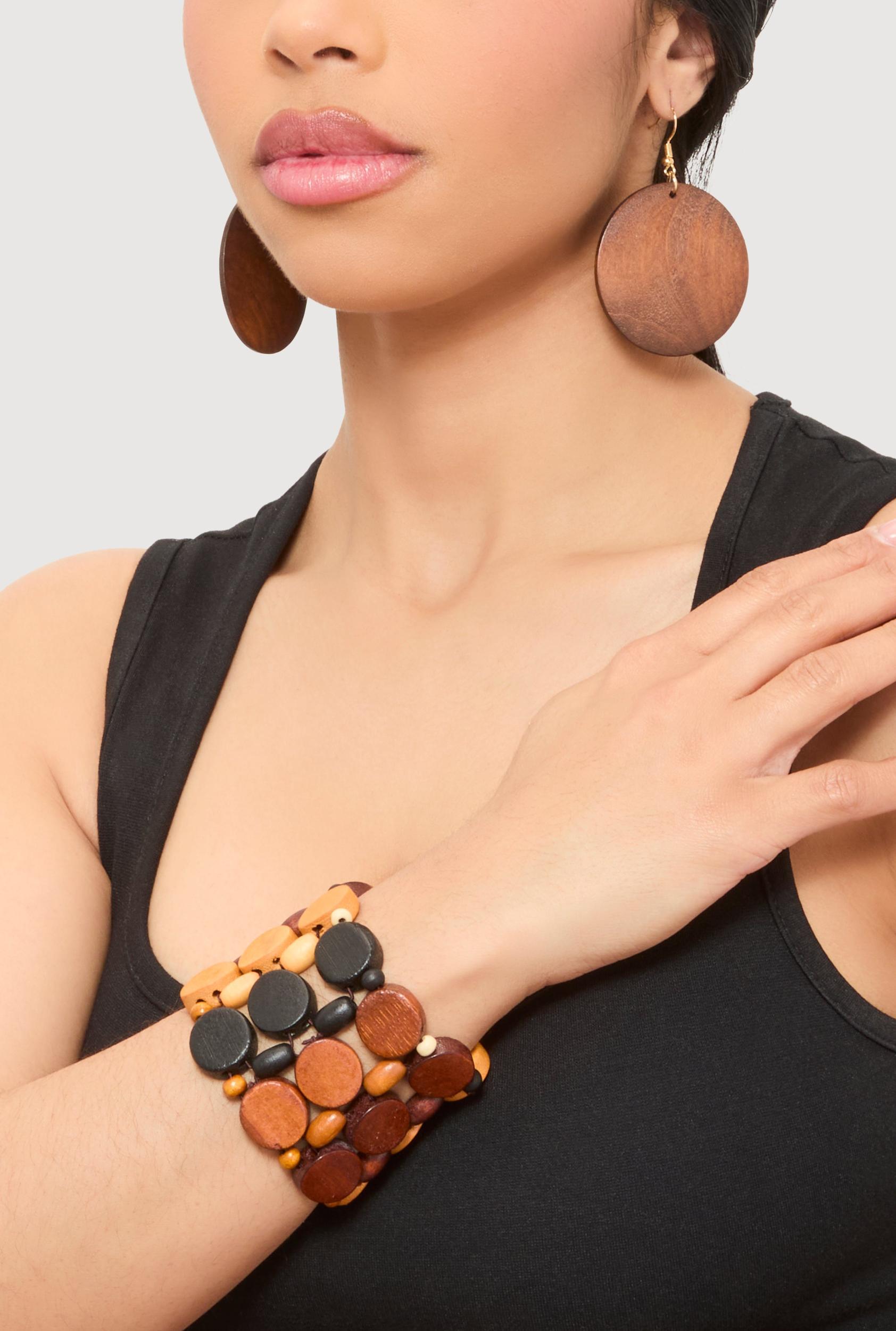 Wooden Stretch Bracelet and Drop Earrings Set Female Product Image
