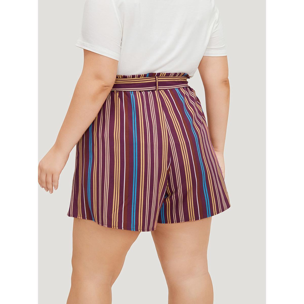 Plus Size Colour Striped Print Belted Wrap Hem Shorts Women Multicolor Vacation Cross straps Dailywear Shorts BloomChic 12/L Product Image