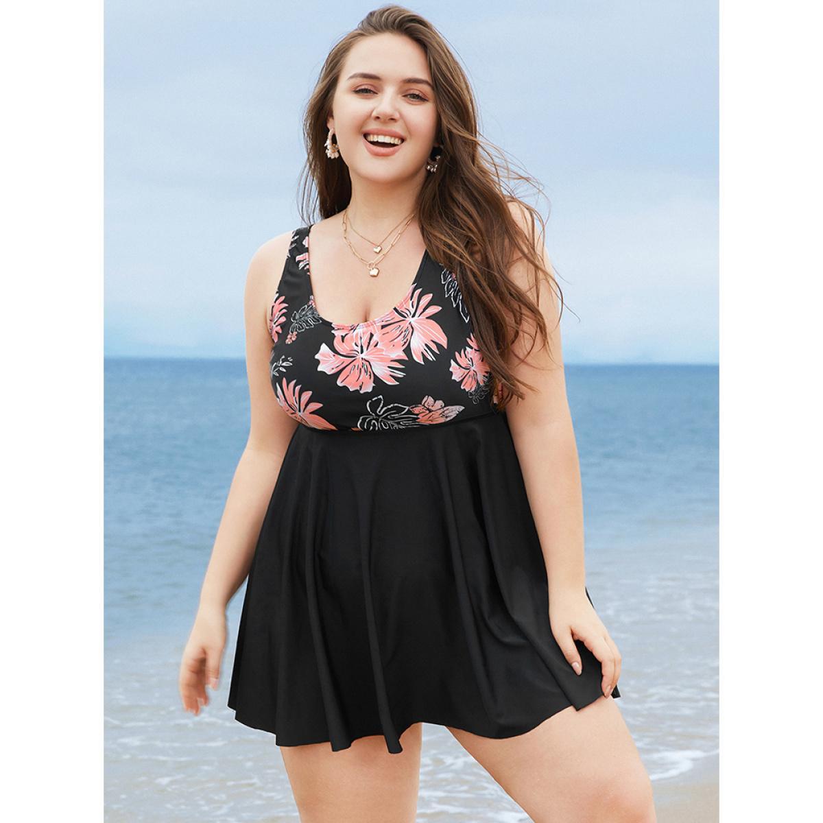 Plus Size Floral Print Scoop Neck Sculpt Waist Swim Dress Women's Swimwear Black Vacation Bodycon High stretch Curve Swim Dresses BloomChic 18-20/2X Product Image