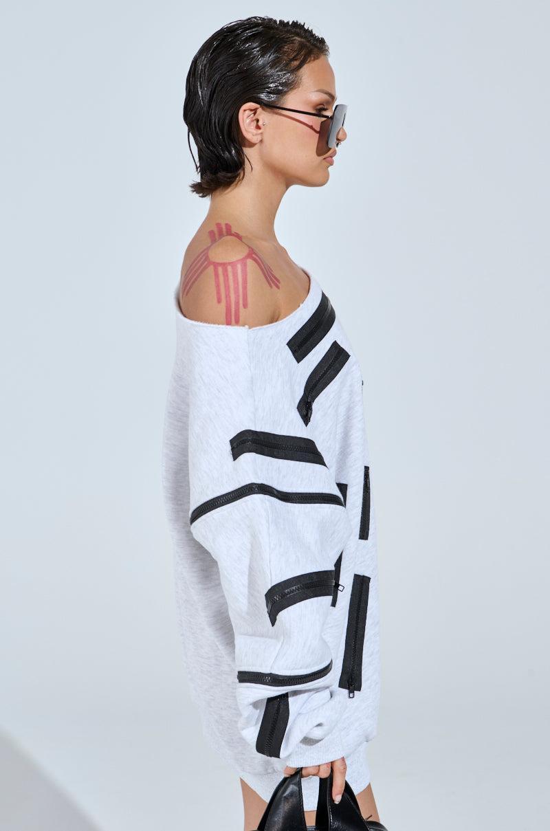 ZIP ZAP OFF THE SHOULDER SWEATSHIRT DRESS-GREY MULTI Product Image