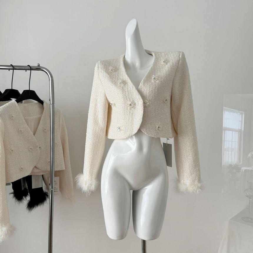 V-Neck Double Breasted Tweed Crop Jacket Product Image