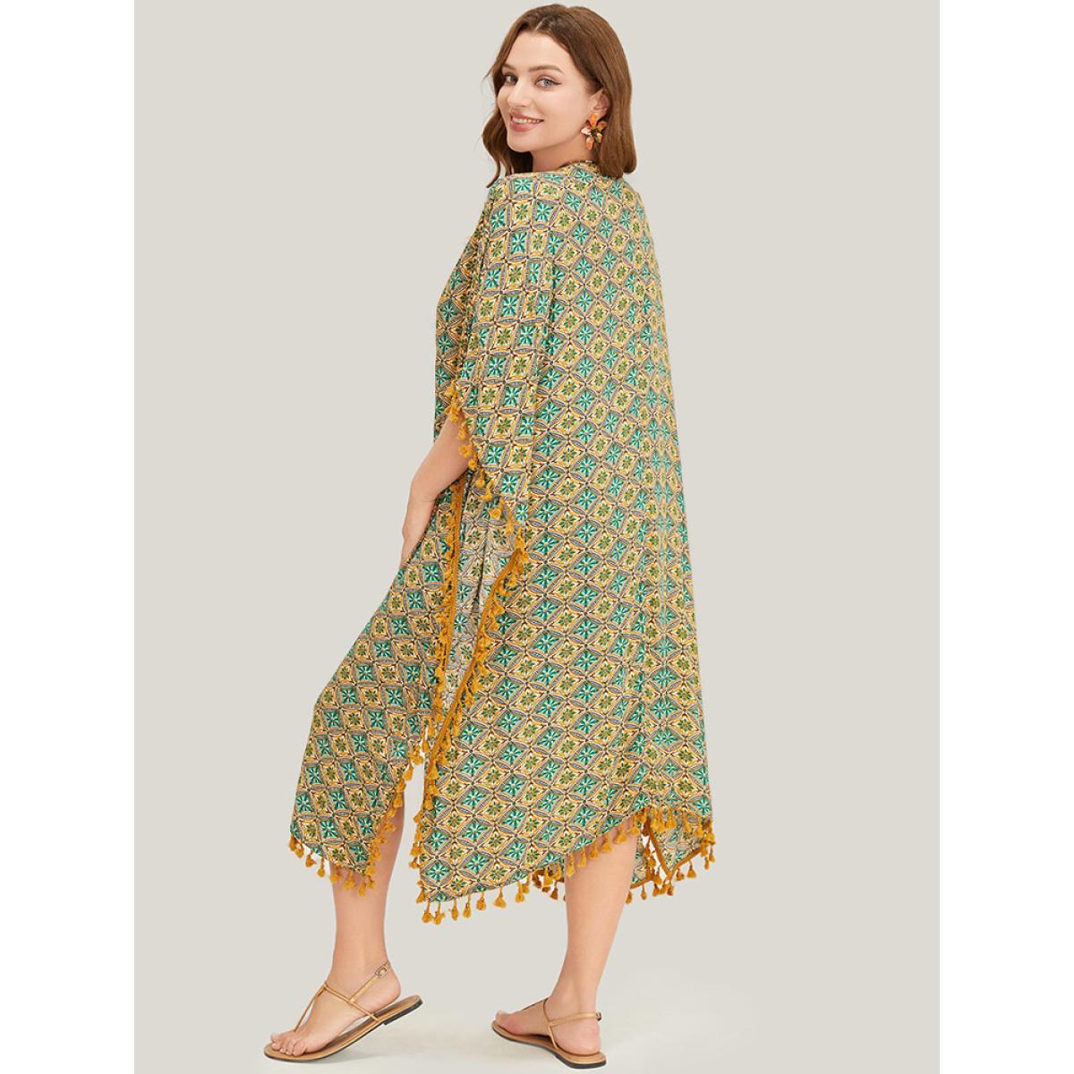 Plus Size Bandana Batwing Sleeve Tassels Trim Split Open Front Kimono Women Mint Vacation Loose Belt Dailywear Kimonos BloomChic 18-20/2X Product Image