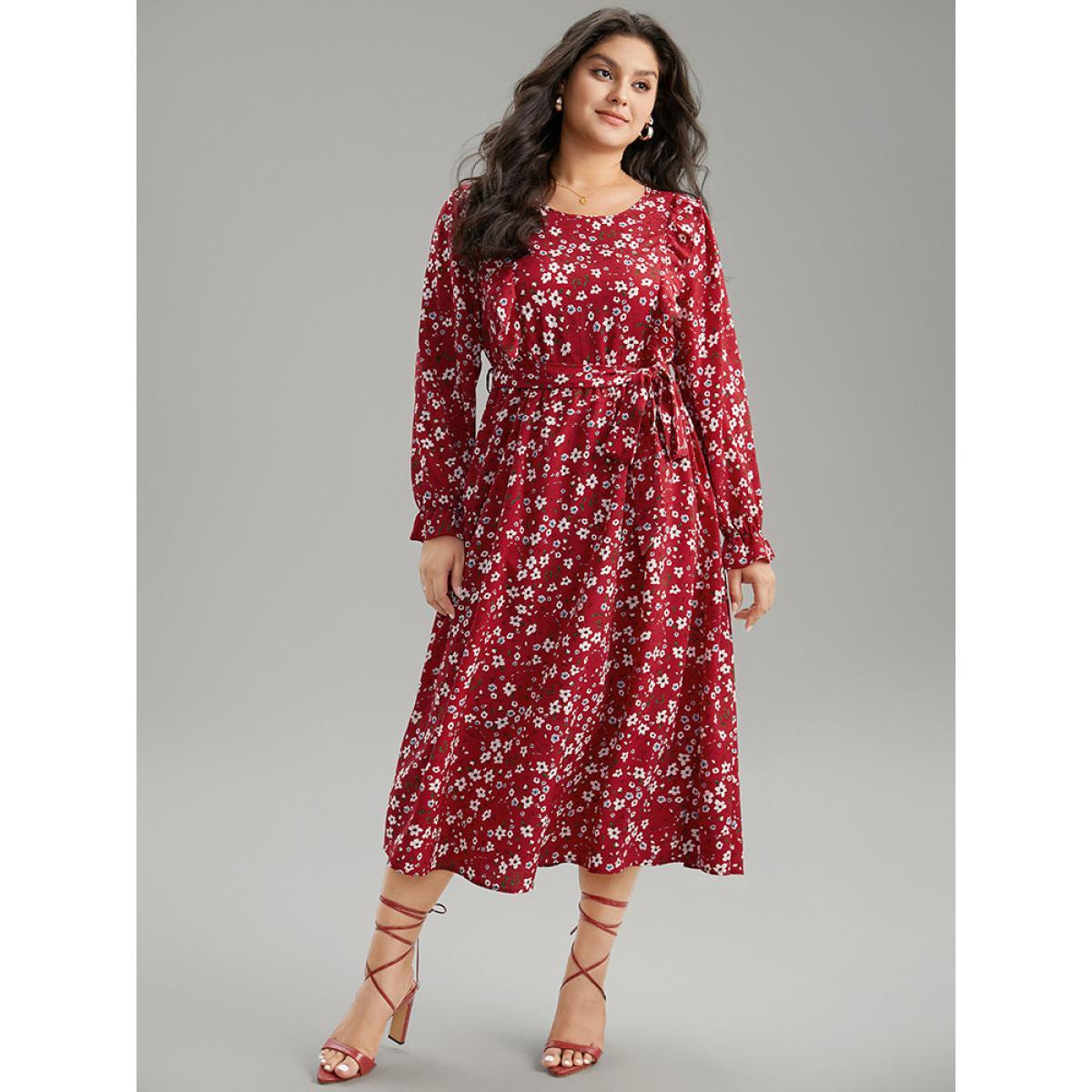 Plus Size Ditsy Floral Belted Ruffle Sleeve Dress Scarlet Women Elegant Belted Round Neck Long Sleeve Curvy Midi Dress BloomChic 12/L Product Image