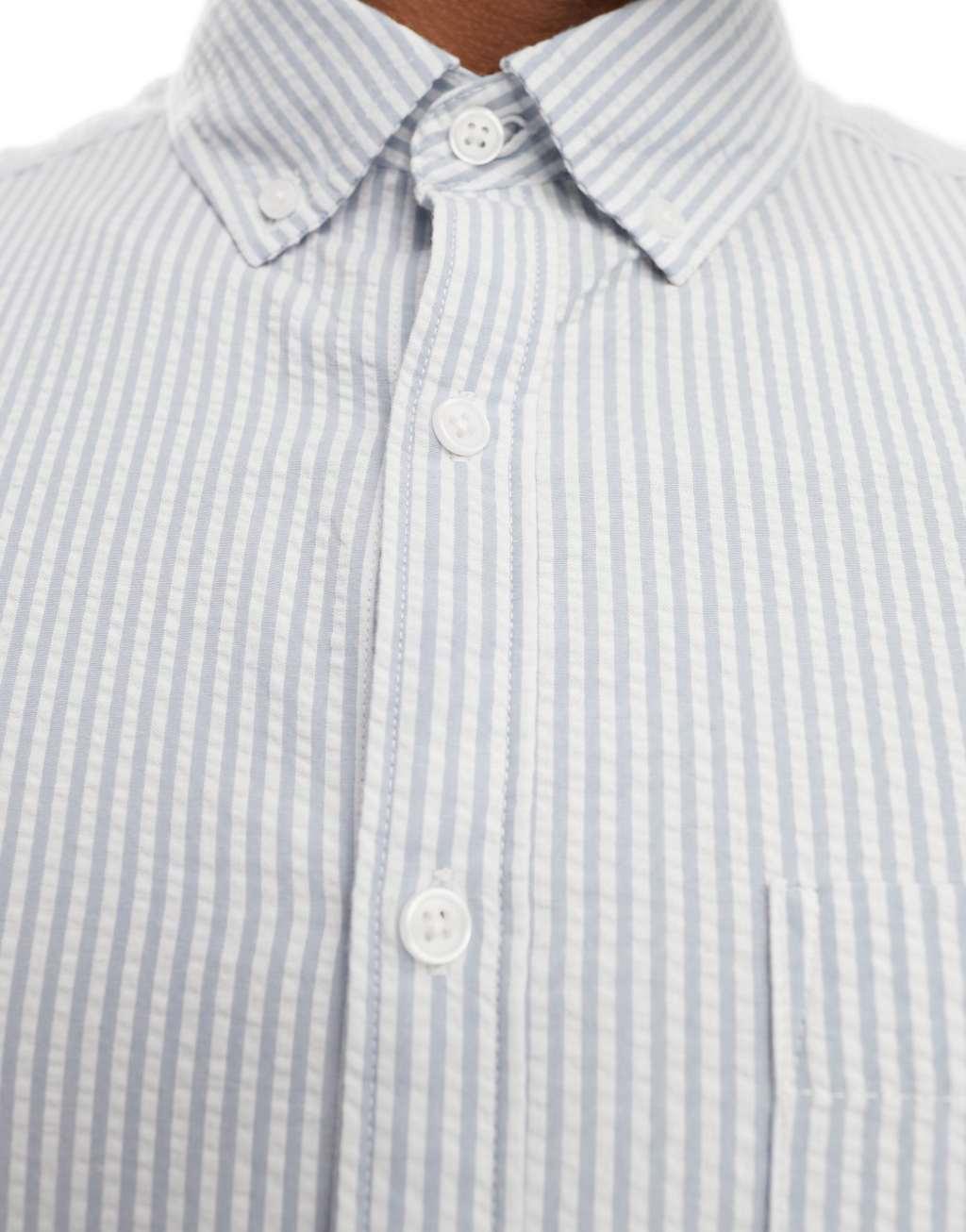 ASOS DESIGN seersucker textured smart shirt in light blue stripe Product Image