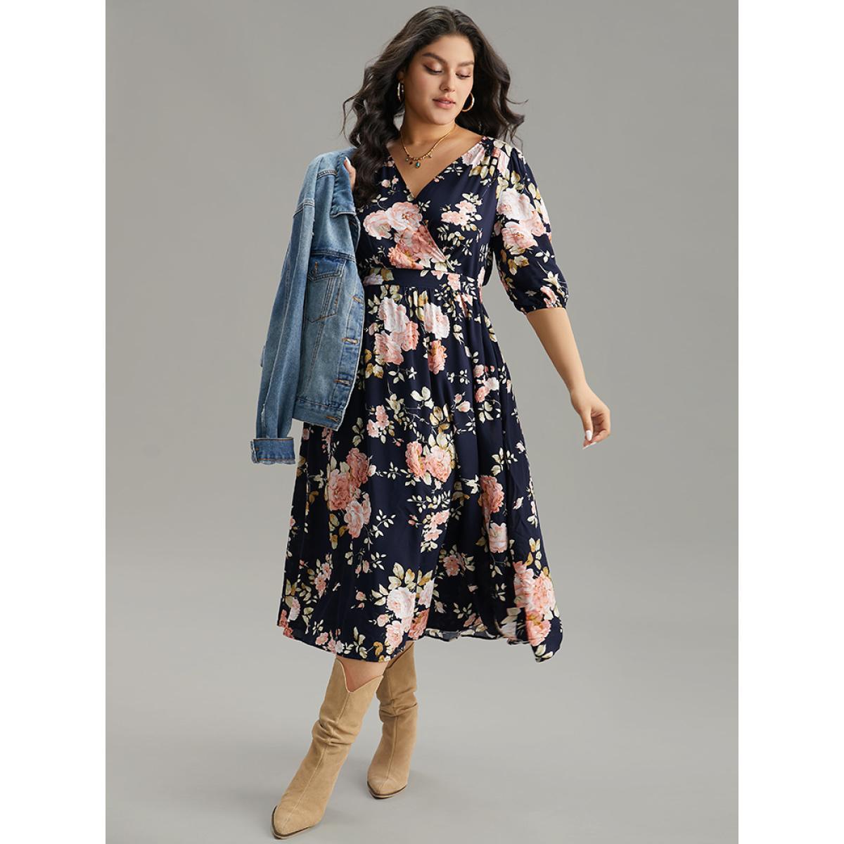 Plus Size Floral Print Pleated Ties Wrap Lantern Sleeve Dress DarkBlue Women Vacation Elastic cuffs Overlap Collar Half Sleeve Curvy Midi Dress BloomChic 26/4X Product Image