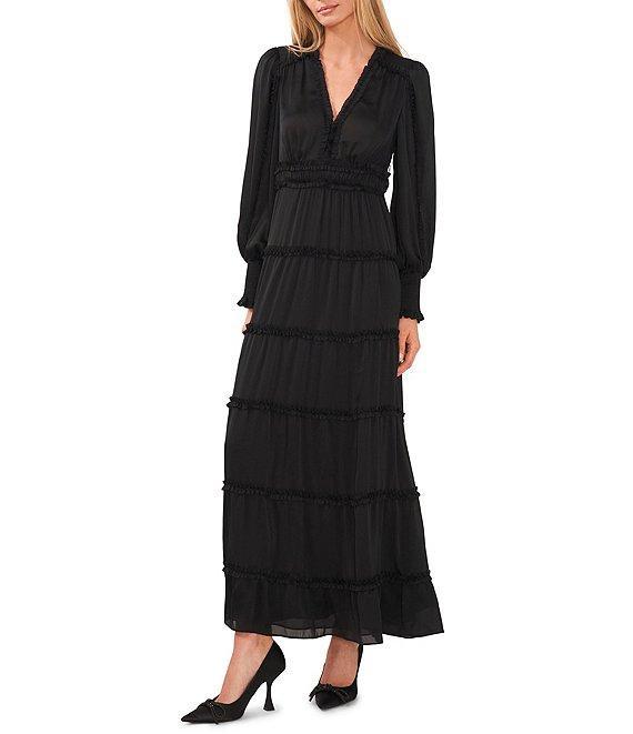 Chelsea & Violet Plisse Satin Ruffle Deep V-Neck Long Smocked Cuff Sleeve Tiered Maxi Dress Product Image