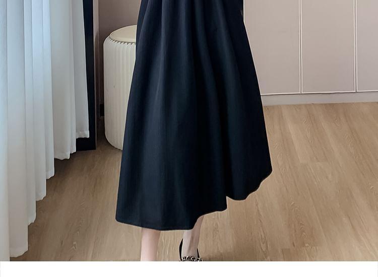 Long-Sleeve Mock Neck Cold Shoulder Plain Midi A-Line Dress Product Image