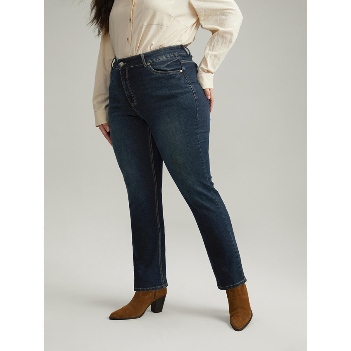 Plus Size Dark Wash Straight Leg High Rise Jeans Women Indigo Casual Plain Plain High stretch Pocket Jeans BloomChic 30/6X Product Image