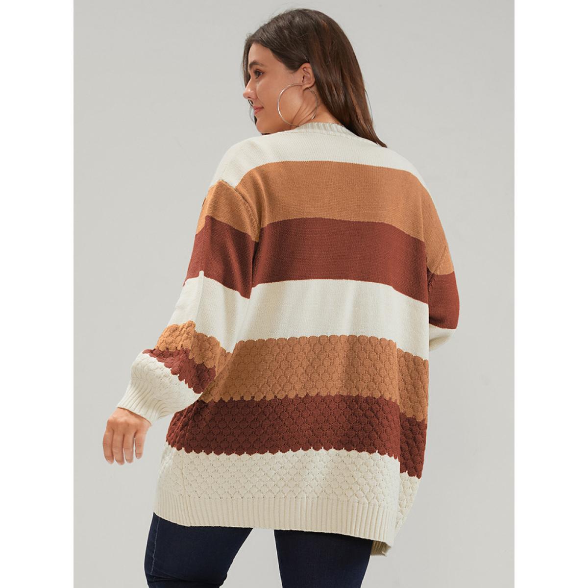 Plus Size Striped Colorblock Contrast Pointelle Knit Jacquard Open Front Cardigan Multicolor Women Casual Loose Long Sleeve Dailywear Cardigans BloomChic 10/M Product Image