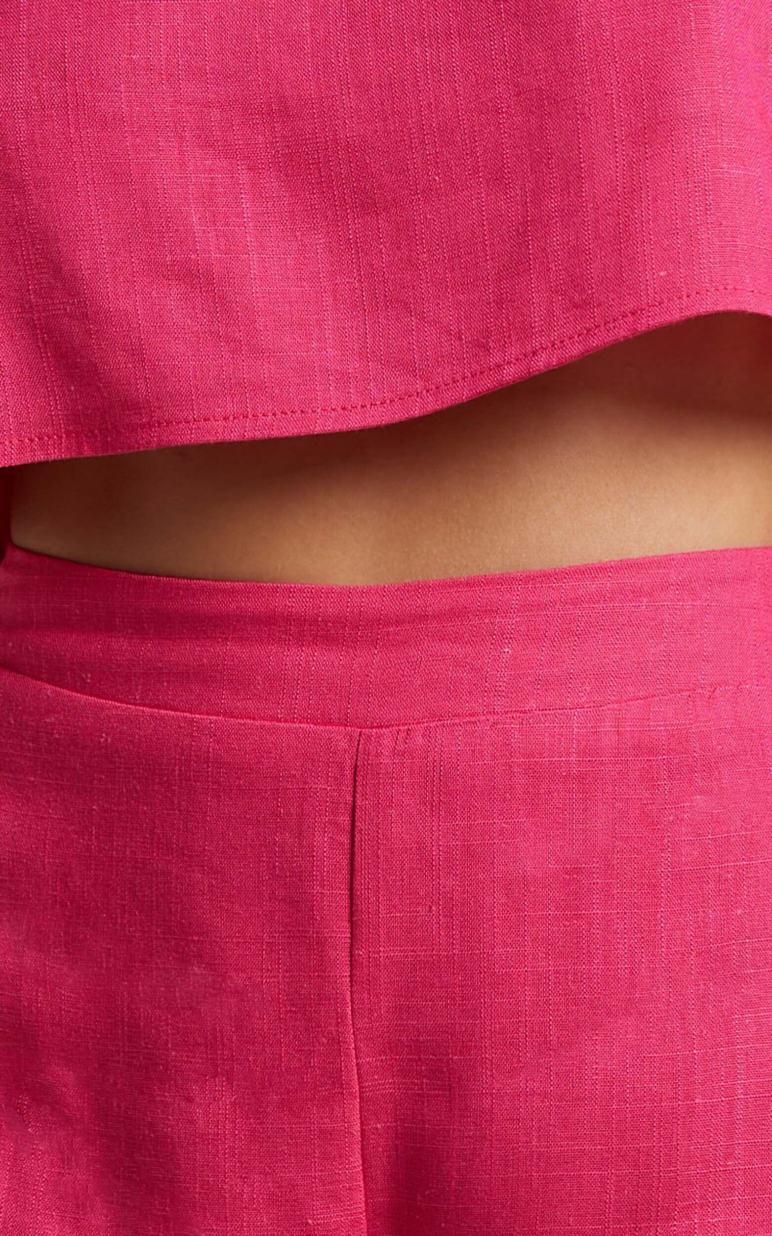 Zanrie Two Piece Set - Linen Square Neck Crop Top and High Waist Mini Flare Shorts Set in Hot Pink Product Image