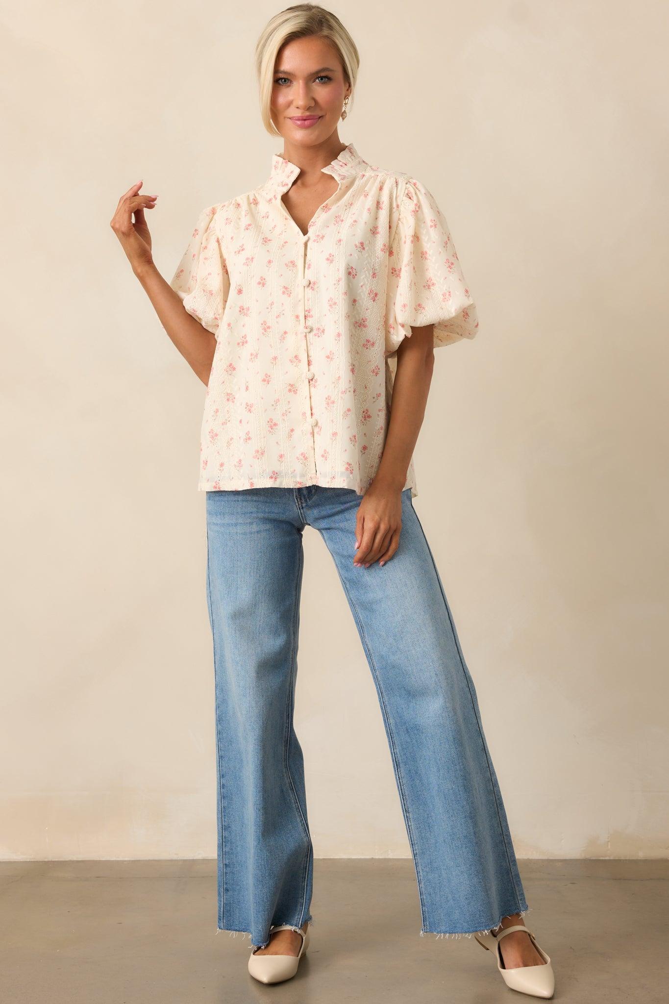 Rose Garden Yellow Floral Button Front Blouse Product Image