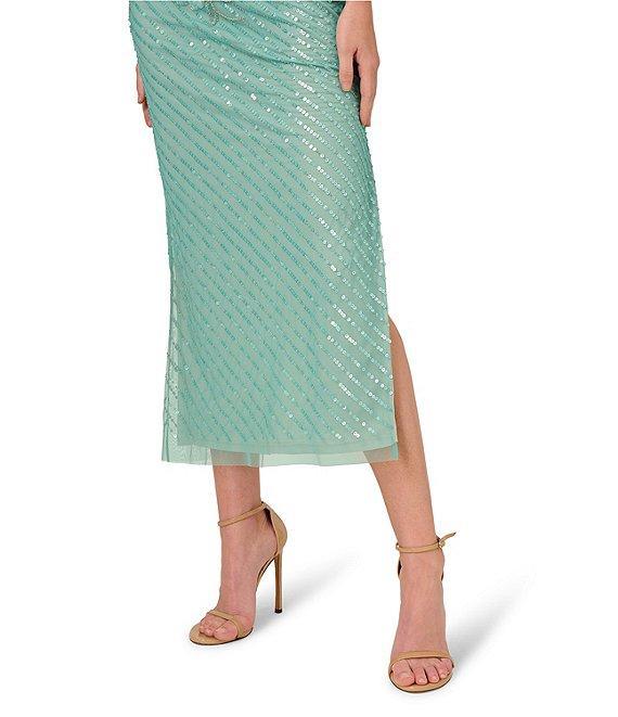 Adrianna Papell Beaded Mesh Floral One Shoulder Neck Sleeveless Sheath Midi Dress Product Image