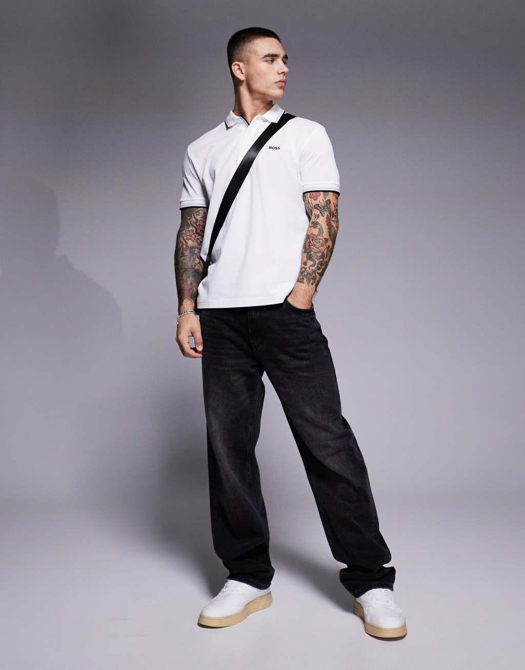 BOSS Green Paddy logo tipped pique regular fit polo shirt in white Product Image
