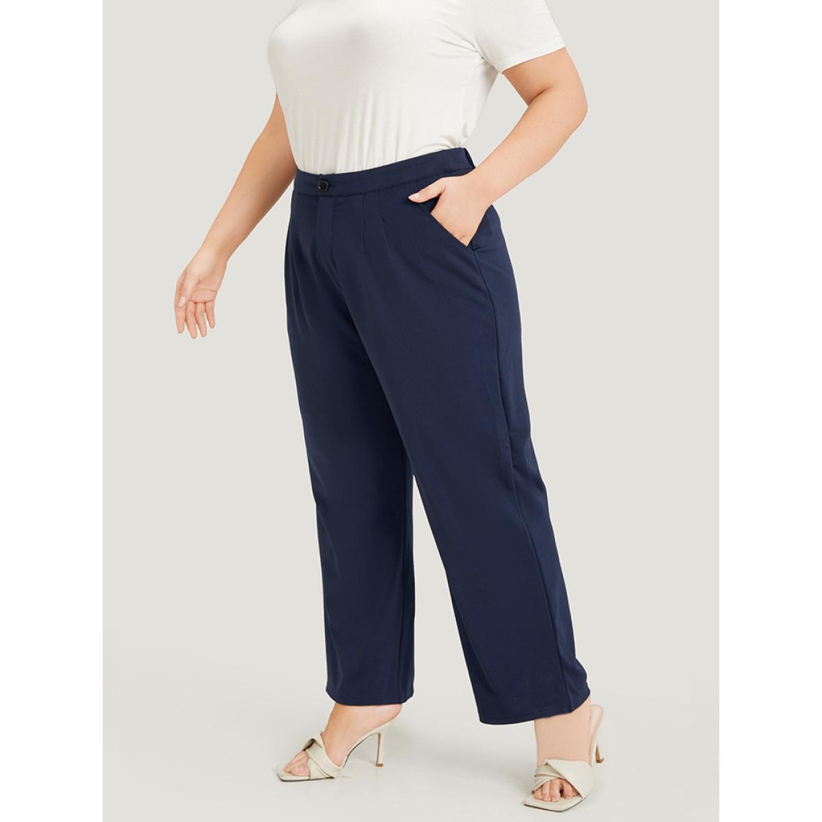 Plus Size Plain Pleated High Rise Pocket Pants Women Indigo Office High Rise Work Pants BloomChic 18-20/2X Product Image