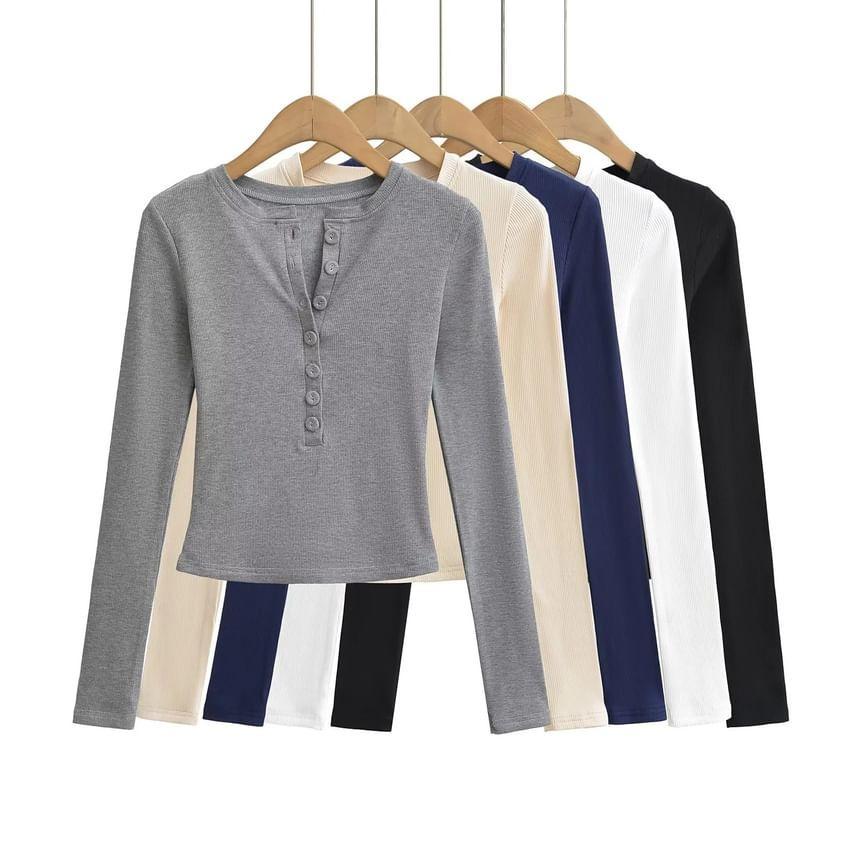 Long Sleeve Henley Plain T-Shirt Product Image