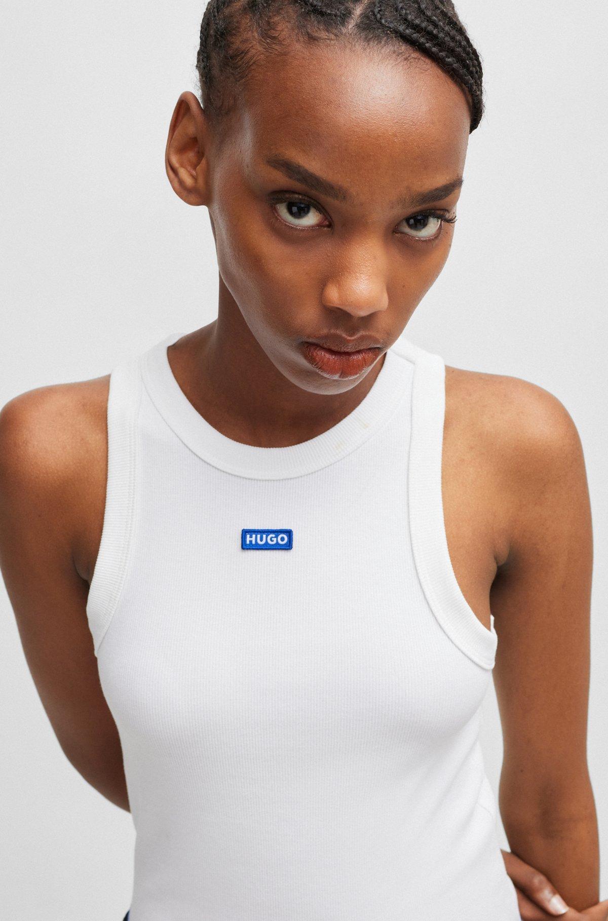 Slim-fit stretch-cotton top with blue logo badge Product Image