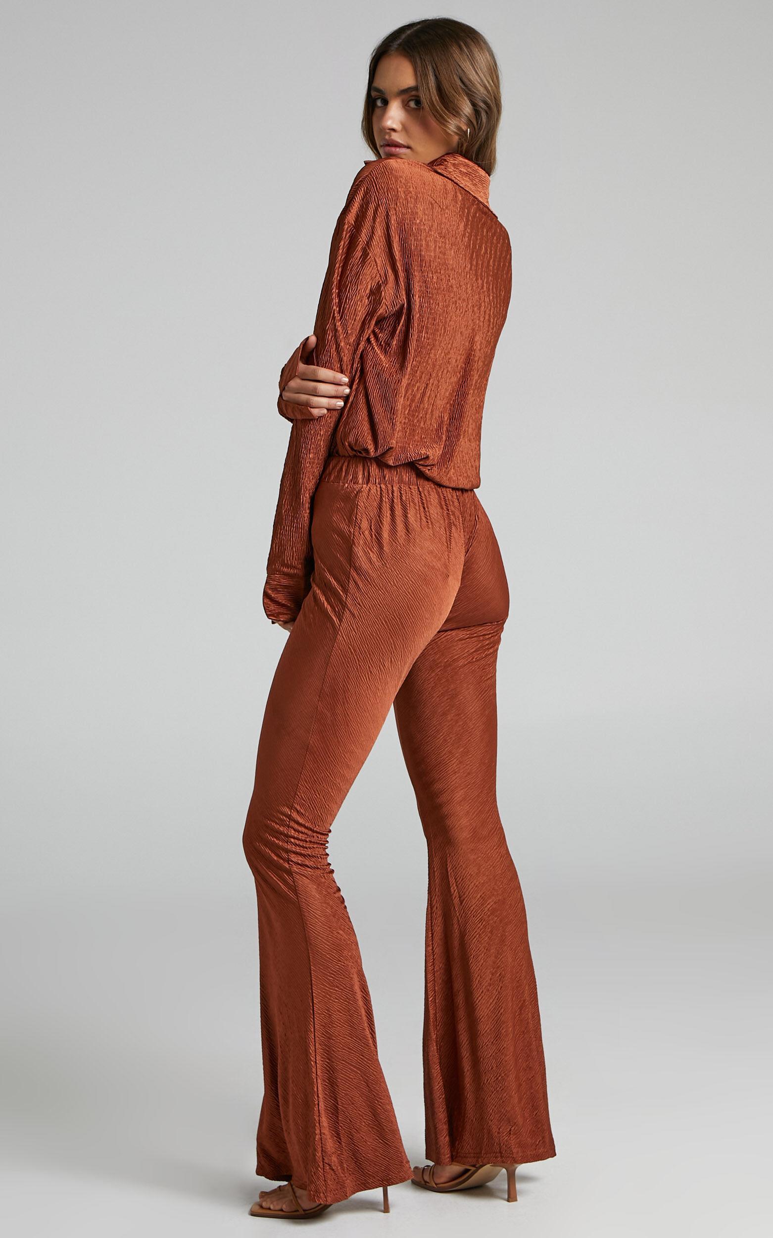 Rosamund Pants - High Waisted Crinkle Flared Pants in Clay Product Image