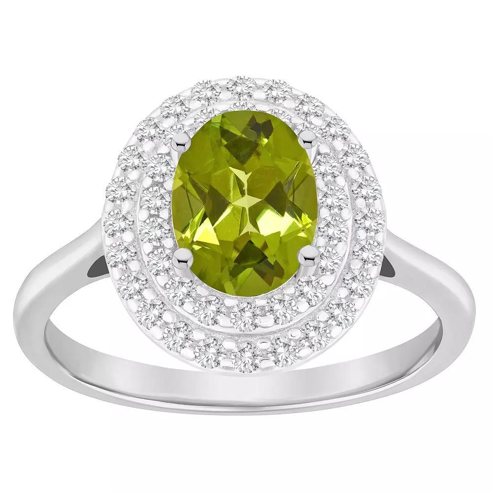 Celebration Gems Sterling Silver Oval-Cut Peridot & White Topaz Double Halo Ring, Women's, Size: 5 Product Image