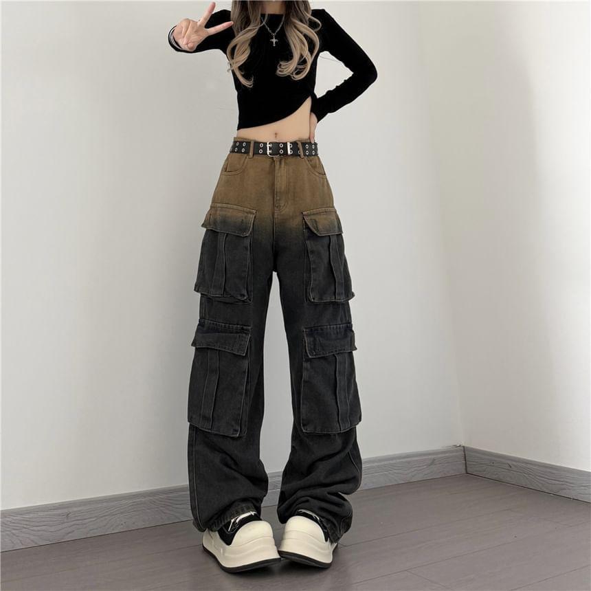 Mid Waist Gradient Washed Wide Leg Cargo Jeans Product Image