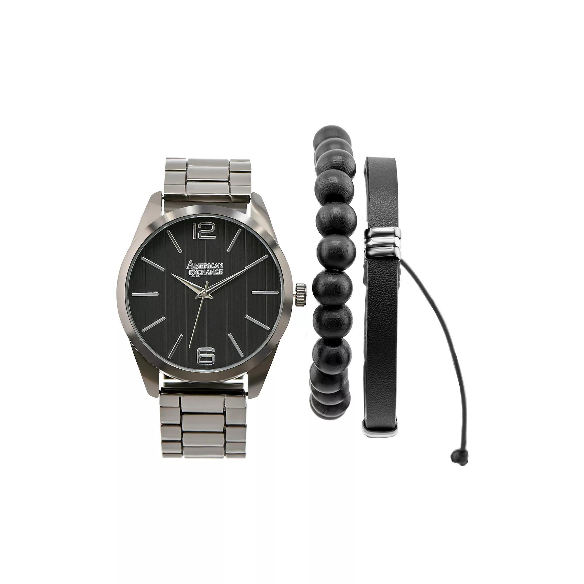 American Exchange Men's Gunmetal Tone Analog Watch, Bracelet & Card Case Set, Size: 44MM, Grey Product Image