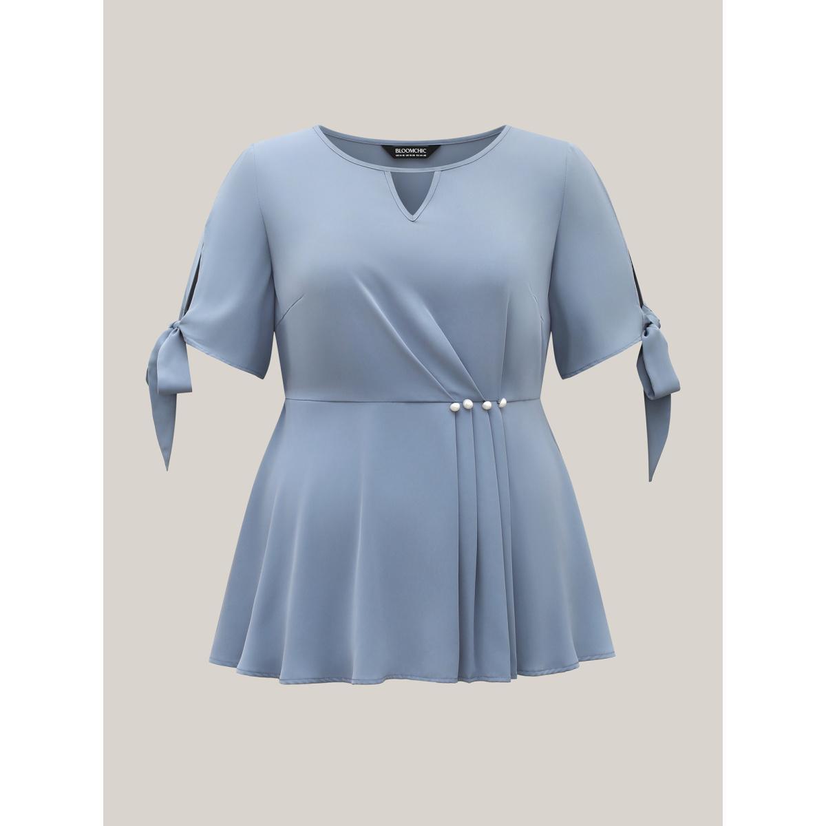 Plus Size Stone Knotted Sleeve Pearl Detail Keyhole Blouse Women Short sleeve Round Neck Work Blouses BloomChic 30/6X Product Image