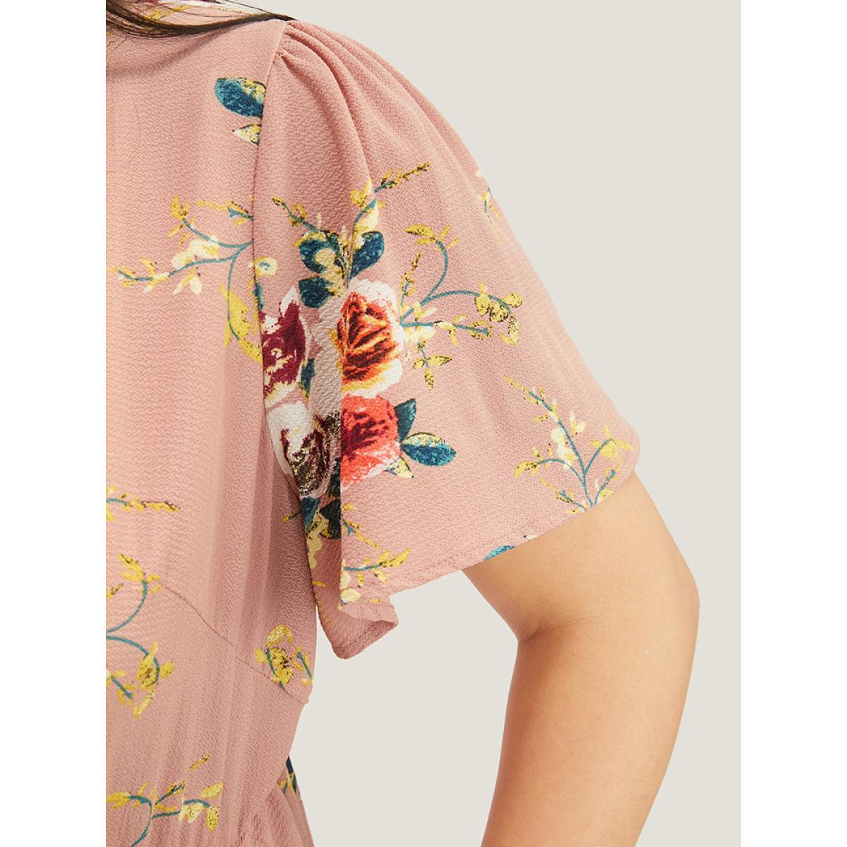 Plus Size Floral Printed Lace Wrap Pocket Split Ruffles Hem Dress DustyPink Women Elegant Lace V-neck Short sleeve Curvy Midi Dress BloomChic 22-24/3X Product Image