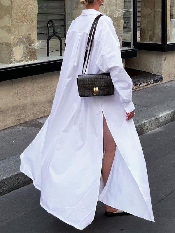 Long Sleeves Loose Buttoned Solid Color Split-Side Lapel Maxi Shirt Dress Product Image