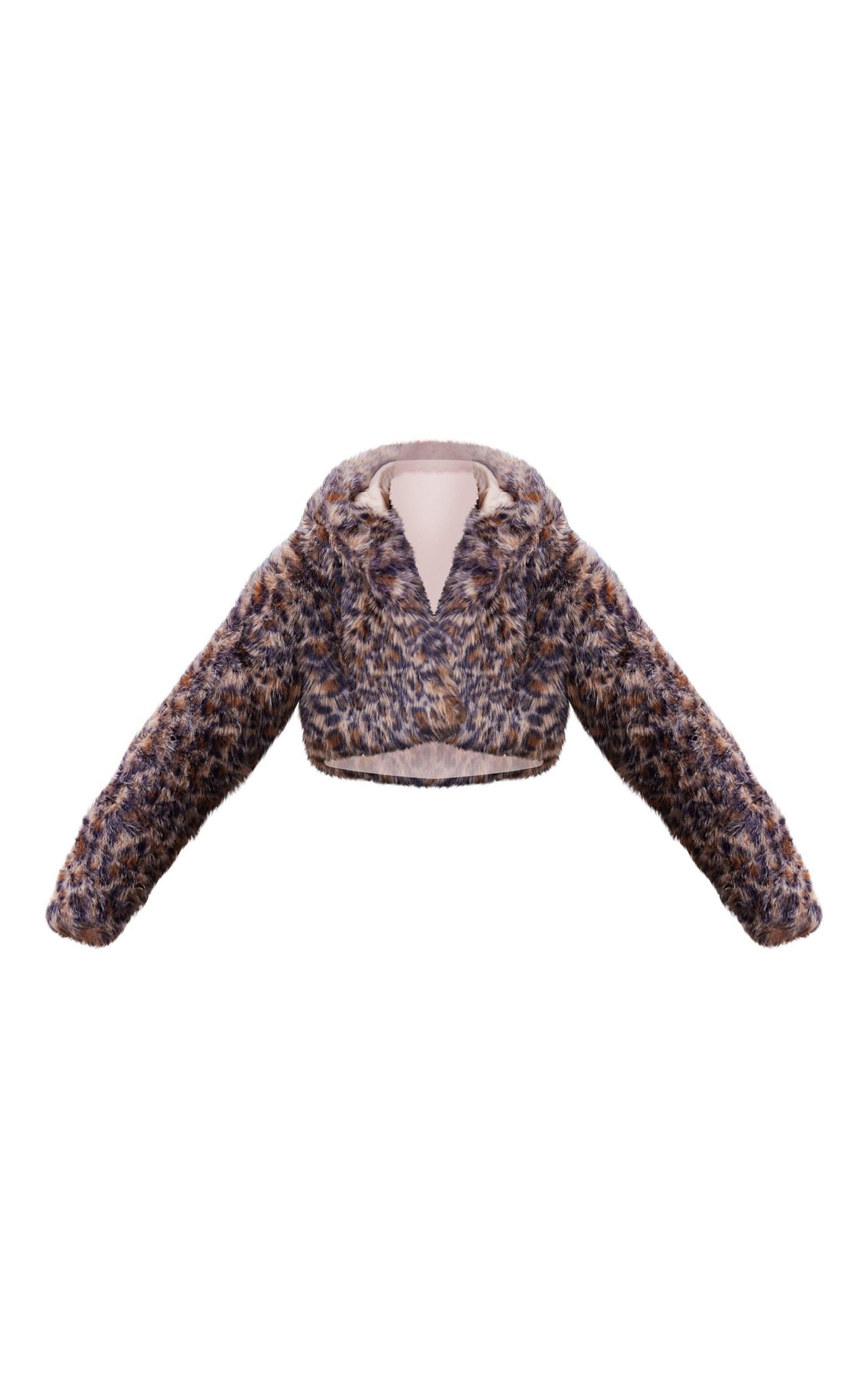 Brown Leopard Faux Fur Hooded Cropped Coat Product Image