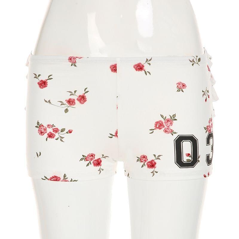 Low Waist Floral Print Numbering Print Ruffled Slim-Fit Mini Shorts Product Image