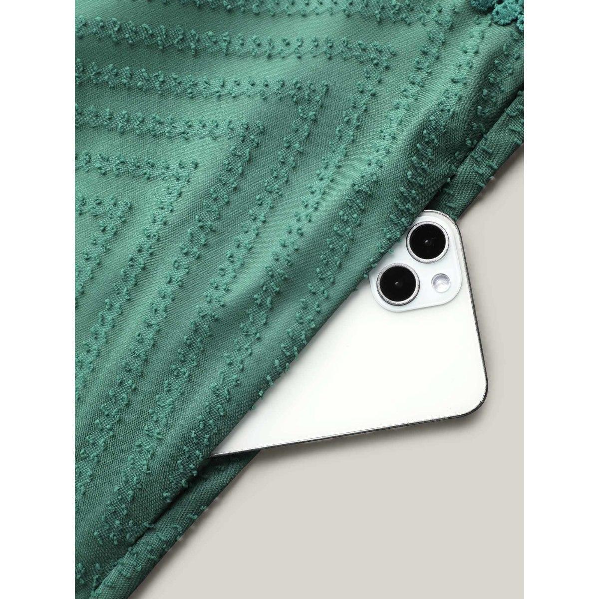 Plus Size Sheer Textured Lace Detail Pockets Midi Dress Teal Women Elegant Woven ribbon&lace trim V-neck Long Sleeve Curvy BloomChic 12/L Product Image