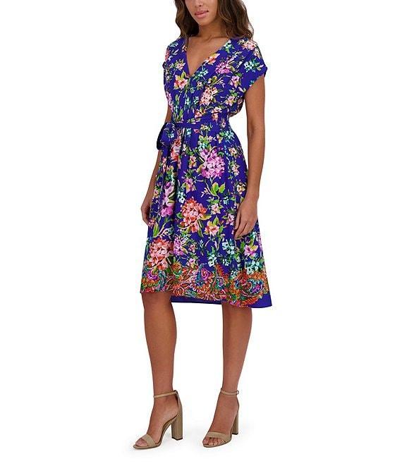 Kensie Woven Floral Print V-Neck Short Sleeve A-Line Mini Dress Product Image