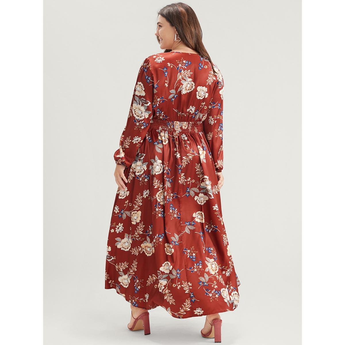 Plus Size Floral Pocket Lantern Sleeve Split Ruffle Shirred Wrap Dress Red Women Elegant Pocket V-neck Long Sleeve Curvy Long Dress BloomChic 14-16/1X Product Image