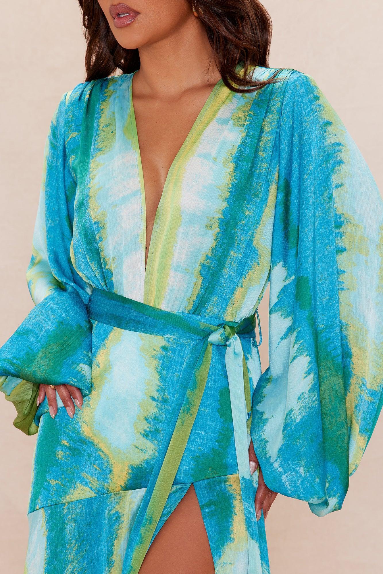 Too Chic Long Sleeve Satin Maxi Dress - Blue/combo Female Product Image