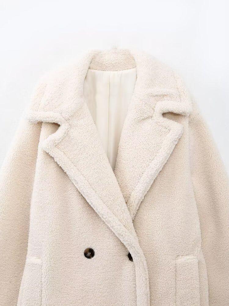 Lapel Collar Plain Fleece Midi Double-Breasted Coat Product Image