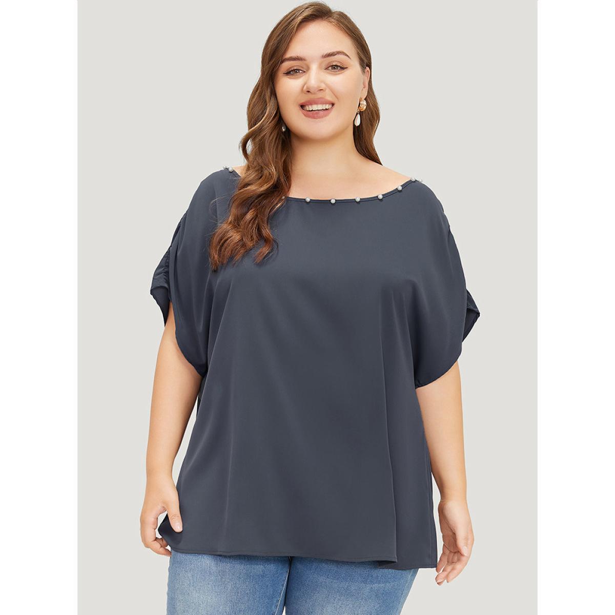 Plus Size Indigo Solid Pearl Beaded Ruched Sleeve Blouse Women Glamour Sleeveless One Shoulder Going out Blouses BloomChic 14-16/1X Product Image