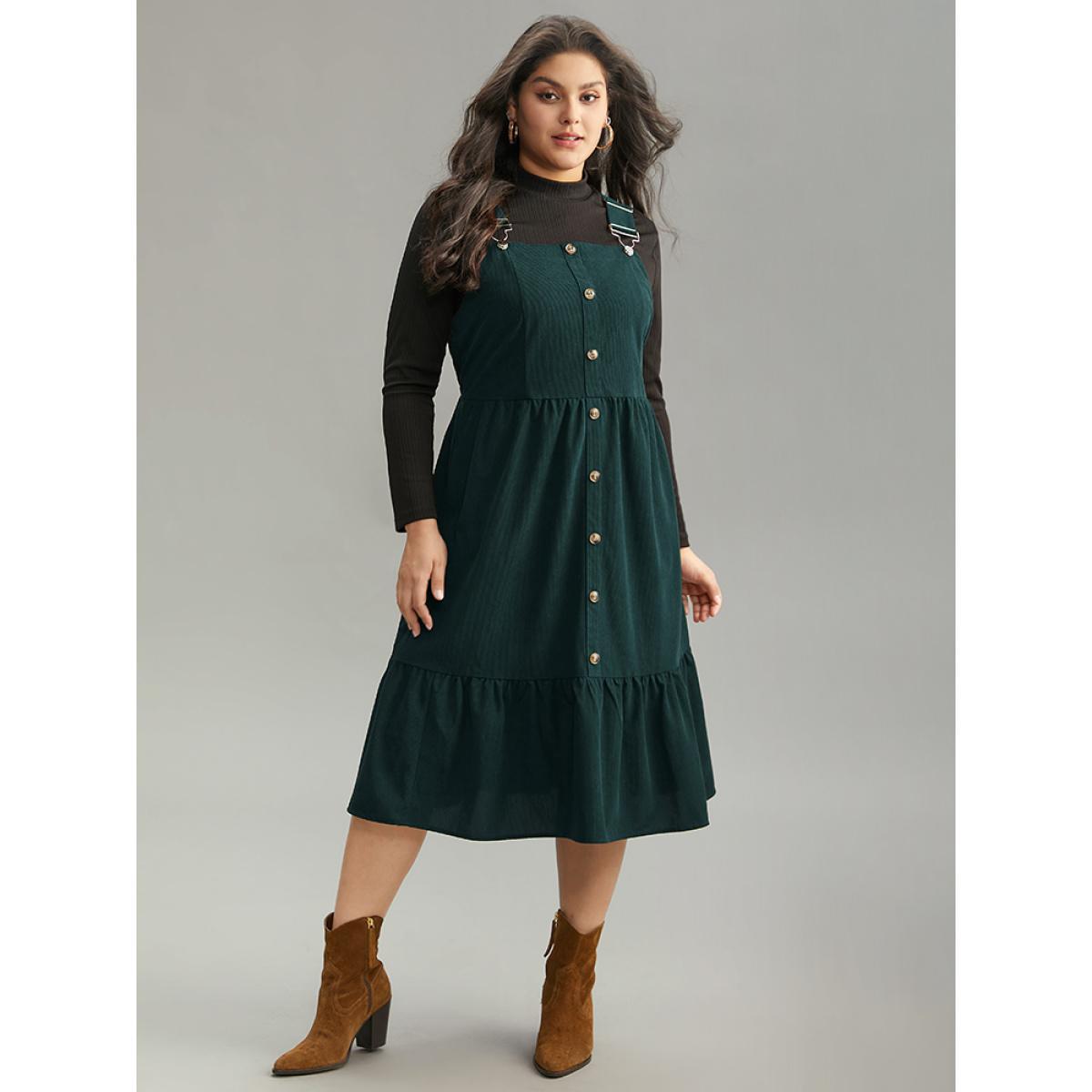Plus Size Corduroy Button Detail Ruffles Adjustable Straps Dress DarkGreen Women Casual Adjustable Straps Spaghetti Strap Sleeveless Curvy Midi Dress BloomChic 14-16/1X Product Image