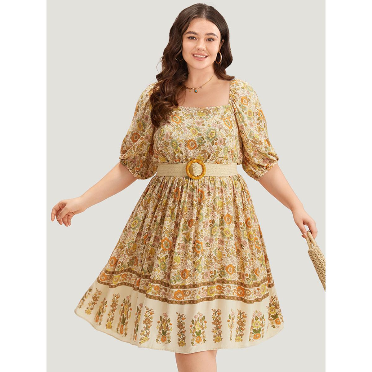 Plus Size Floral Print Pocket Square Neck Elastic Cuffs Dress Apricot Women Vacation Elastic cuffs Square Neck Short sleeve Curvy Midi Dress BloomChic 30/6X Product Image