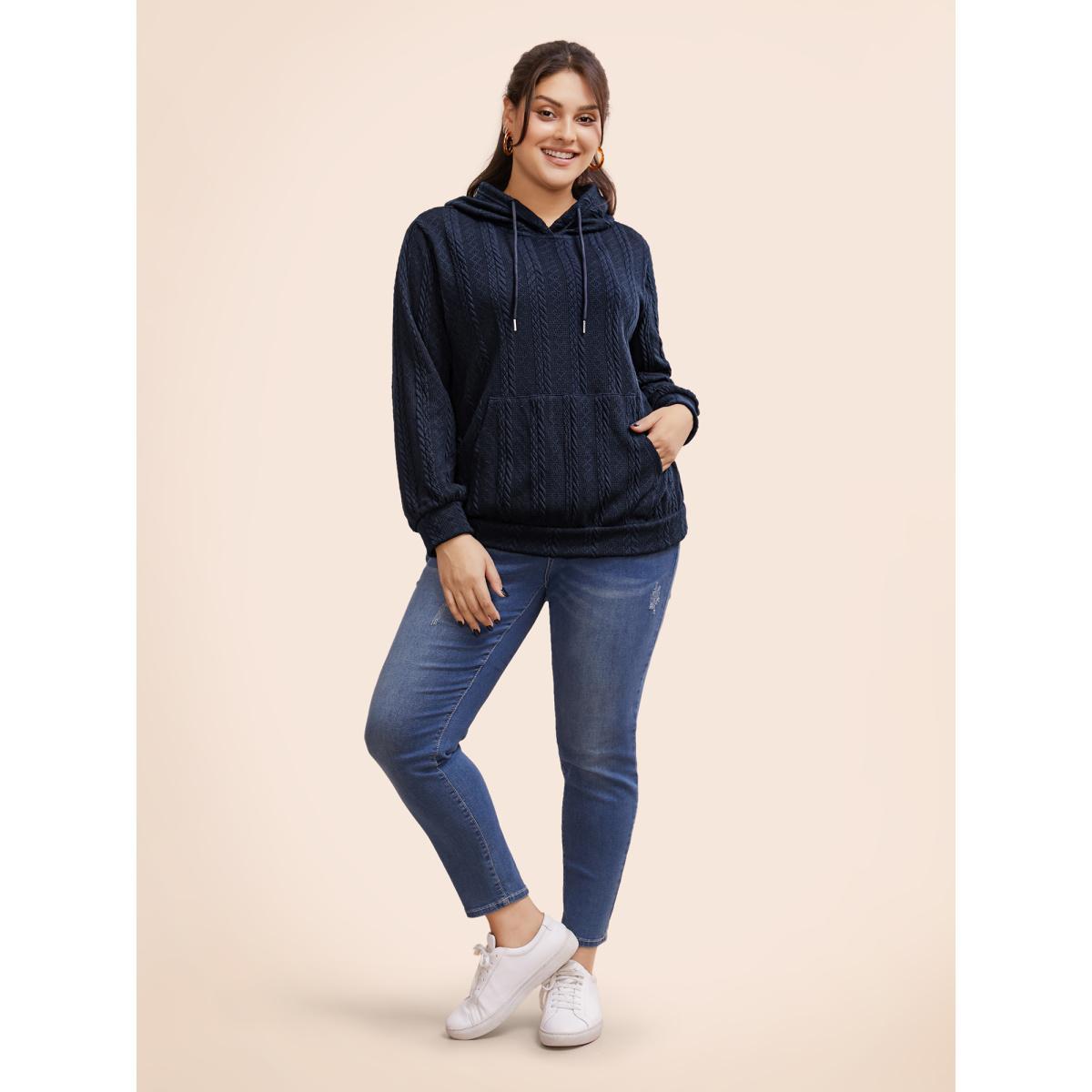 Plus Size Solid Cable Knit Hooded Drawstring Sweatshirt Women DarkBlue Casual Texture Hooded Everyday Sweatshirts BloomChic 26/4X Product Image